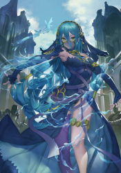 Rule 34 | 1girl, absurdres, armor, armpits, azura (fire emblem), bare shoulders, blue bow, blue dress, blue gloves, blue hair, bow, breasts, building, closed mouth, cloud, day, dress, elbow gloves, feet out of frame, fingerless gloves, fire emblem, fire emblem fates, gloves, green eyes, hair between eyes, hair tubes, hairband, highres, hydrokinesis, knight, long hair, looking at viewer, low-tied long hair, mag (huangmag), medium breasts, nintendo, outdoors, outstretched arms, purple thighhighs, see-through, single thighhigh, small breasts, smile, solo focus, spread arms, thigh strap, thighhighs, v-shaped eyebrows, veil, very long hair, water
