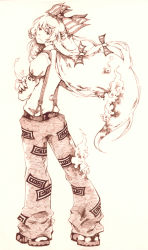 Rule 34 | 1girl, :&lt;, bow, crossed arms, female focus, fire, fire, from behind, fujiwara no mokou, graphite (medium), hair bow, kouko (thorax), long hair, looking back, monochrome, pants, qiangzi, shoes, solo, suspenders, touhou, traditional media