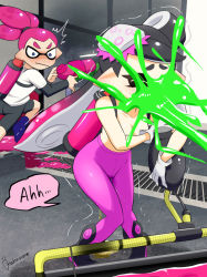 Rule 34 | 1boy, 1girl, artist name, ass, backpack, bag, bike shorts, black footwear, black hair, blue eyes, blue footwear, blush, boots, breasts, callie (splatoon), cleavage, closed eyes, closed mouth, collarbone, constricted pupils, domino mask, earrings, embarrassed, full body, gloves, gradient hair, hair tie, hand up, hands up, have to pee, holding, holding weapon, ink tank (splatoon), inkling player character, jewelry, kakuume, knees together feet apart, layered sleeves, long hair, long sleeves, looking at another, looking back, mask, medium breasts, mole, mole under eye, multicolored hair, nintendo, notice lines, object on heat, outdoors, pantyhose, peeing, peeing self, pink hair, pink pantyhose, pointy ears, puddle, running, shirt, short hair, short over long sleeves, short sleeves, signature, solo focus, speech bubble, splat roller (splatoon), splatoon (series), splatoon 1, splatter, splattershot (splatoon), standing, surprised, sweat, tentacle hair, tentacles, topknot, topless, trembling, weapon, wet, wet clothes, white gloves, white shirt, window