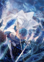 Rule 34 | 10s, 1girl, bad id, bad pixiv id, bare shoulders, blue eyes, blue hair, blue theme, cape, city, dual wielding, female focus, flying, gloves, holding, kistina, leaning forward, magical girl, mahou shoujo madoka magica, mahou shoujo madoka magica (anime), matching hair/eyes, miki sayaka, outdoors, short hair, sky, solo, sword, thighhighs, weapon, white gloves