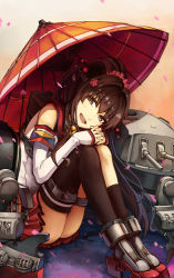 Rule 34 | 10s, 1girl, :d, akefumi, asymmetrical legwear, black legwear, brown eyes, brown hair, fingers together, flower, flower on head, hair ornament, own hands clasped, head tilt, highres, kantai collection, long hair, looking at viewer, machinery, oil-paper umbrella, open mouth, own hands together, petals, pleated skirt, ponytail, sitting, skirt, smile, solo, turret, umbrella, uneven legwear, yamato (kancolle)
