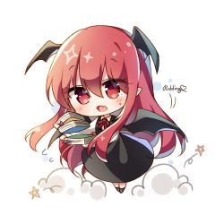 Rule 34 | 1girl, artist name, bat wings, black dress, blush, book, chibi, collared shirt, commentary request, demon girl, dress, eyes visible through hair, fang, full body, head wings, highres, holding, holding book, koakuma, long hair, long sleeves, neck ribbon, open mouth, pointy ears, pudding (skymint 028), red eyes, red hair, red ribbon, ribbon, shirt, simple background, skin fang, solo, star (symbol), sweatdrop, touhou, white background, white shirt, wings