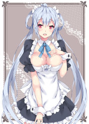 Rule 34 | 1girl, ahoge, alternate costume, blush, breasts, cleavage, collarbone, cowboy shot, detached collar, detached sleeves, dress, hair ornament, hair rings, headdress, large breasts, long hair, looking at viewer, low twintails, maid, matoi (pso2), milkpanda, open mouth, phantasy star, phantasy star online, phantasy star online 2, red eyes, short sleeves, silver hair, solo, teeth, twintails
