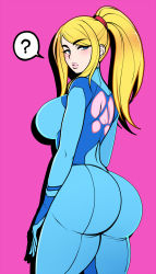 Rule 34 | 1girl, ?, ass, blonde hair, blue bodysuit, blue eyes, blush, bodysuit, breasts, commentary, english commentary, flat color, from behind, hair tie, high ponytail, highres, huge ass, jam-orbital, large breasts, long hair, looking back, metroid, nintendo, pink background, pink lips, samus aran, sidelocks, skin tight, swept bangs, zero suit