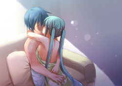 Rule 34 | 1boy, 1girl, aqua hair, arms around neck, blue hair, closed eyes, couch, couple, hatsune miku, hetero, hug, jewelry, kaito (vocaloid), kiss, long hair, ring, salovesy, simple background, sweat, twintails, vocaloid, wedding ring