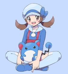 Rule 34 | 1girl, :d, blue background, blue footwear, blue headwear, blue sweater, blue theme, blue thighhighs, brown eyes, brown hair, commentary, creatures (company), game freak, gen 2 pokemon, hat, indian style, looking at viewer, low twintails, lyra (pokemon), marill, medium hair, nintendo, open mouth, overalls, pokemon, pokemon (creature), pokemon hgss, pumpkinpan, red overalls, sitting, smile, sweater, thighhighs, twintails