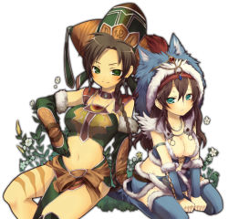 Rule 34 | 2girls, animal hat, boots, braid, breasts, brown hair, cleavage, earrings, elbow gloves, flower, fur collar, gloves, green eyes, hat, hua man, jewelry, ju-zika, midriff, multiple girls, necklace, sangokushi taisen, sitting, thigh boots, thighhighs, zhu rong