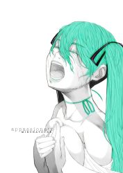 Rule 34 | 1girl, breast press, breasts, cleavage, colored eyelashes, green hair, hatsune miku, long hair, monochrome, open mouth, recube, simple background, solo, spot color, tears, twintails, very long hair, vocaloid, white background
