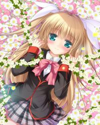 Rule 34 | 1girl, aqua eyes, asahina yori, black jacket, blonde hair, blush, bow, closed mouth, colored eyelashes, commentary request, cowboy shot, dutch angle, eyes visible through hair, flower, flower wreath, from above, grey skirt, hair between eyes, hair ribbon, hair spread out, hands up, holding, holding wreath, jacket, little busters!, long hair, long sleeves, looking at viewer, lying, miniskirt, on back, pink bow, pink flower, pink rose, plaid, plaid skirt, pleated skirt, ribbon, rose, school uniform, second-party source, shirt, skirt, smile, solo, straight-on, straight hair, tokido saya, two side up, very long hair, white flower, white ribbon, white shirt