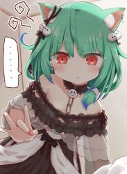 Rule 34 | ..., 1girl, :t, animal ear fluff, animal ears, bare shoulders, black dress, blue hair, blush, cat ears, chain, closed mouth, commentary request, dress, gradient hair, green eyes, highres, hololive, indoors, long hair, looking at viewer, multicolored hair, nail polish, off-shoulder dress, off shoulder, pink nails, pout, red hair, ridy (ri sui), solo, spoken ellipsis, uruha rushia, uruha rushia (3rd costume), virtual youtuber
