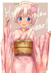 Rule 34 | 10s, 1girl, absurdres, alternate costume, alternate hairstyle, asymmetrical hair, blonde hair, blue eyes, blush, floral print, flower, go-1, hair flower, hair ornament, hair up, happy new year, highres, japanese clothes, kantai collection, kimono, new year, ro-500 (kancolle), solo, tan