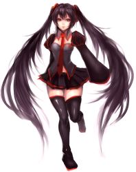 Rule 34 | 1girl, black hair, boots, leg up, lips, long hair, necktie, red eyes, sasaki ryou, simple background, skirt, solo, standing, standing on one leg, thigh boots, thighhighs, twintails, very long hair, vocaloid, zatsune miku, zettai ryouiki