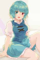 Rule 34 | 1girl, :d, arm support, blue eyes, blue hair, blue skirt, blue vest, blush, breasts, cross-laced clothes, feet out of frame, frills, grey background, heterochromia, highres, looking at viewer, medium breasts, open mouth, petticoat, puffy short sleeves, puffy sleeves, red eyes, short hair, short sleeves, simple background, sitting, skirt, smile, solo, swept bangs, tatara kogasa, touhou, vest, wasabisuke