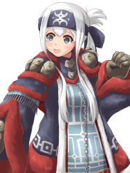 Rule 34 | 10s, 1girl, ainu, ainu clothes, alternate costume, blue eyes, chain, coat, commentary request, folded ponytail, gammoth (armor), gloves, headband, kamoi (kancolle), kantai collection, long hair, long sleeves, medallion, monster hunter (series), monster hunter x, open mouth, patterned clothing, rock, sidelocks, solo, thick eyebrows, white background, white hair, wide sleeves, yukimi unagi
