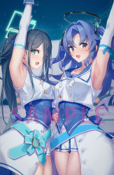 Rule 34 | 2girls, :d, aris (blue archive), arm up, armpits, belt, black hair, black panties, blue archive, blue eyes, blue sailor collar, blush, breasts, collarbone, cowboy shot, crop top, detached sleeves, eyes visible through hair, hair over one eye, halo, hand on own hip, highres, long hair, long sleeves, looking at viewer, medium breasts, miniskirt, mischievous straight uniform (blue archive), multiple girls, nitro (mugityaoisii), open mouth, panties, pantyshot, parted bangs, ponytail, purple eyes, purple hair, sailor collar, sample watermark, skirt, small breasts, smile, sweat, two side up, underwear, upskirt, very long hair, waist cape, watermark, white skirt, yuuka (blue archive)
