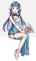 Rule 34 | 1girl, blue flower, blue hair, blunt bangs, bracelet, breasts, brown eyes, cleavage cutout, clothing cutout, commentary, dress, floral print, flower, folding fan, full body, green dress, hair flower, hair ornament, hair over shoulder, hand fan, high collar, high heels, highres, holding, holding fan, idolmaster, idolmaster million live!, invisible chair, jewelry, kitakami reika, long dress, long hair, looking at viewer, medium breasts, nail polish, open mouth, print dress, red nails, side slit, sitting, sleeveless, sleeveless dress, smile, solo, thigh strap, totonii (totogoya), twintails, white footwear