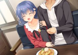 Rule 34 | 1boy, 1girl, 8kumagawa (log), absurdres, black jacket, blue hair, blue ribbon, blush, breasts, cafe, cat hair ornament, closed eyes, collar, collarbone, commentary, couch, couple, dating, dracu-riot!, dutch angle, eyelashes, fingernails, food, fork, hair between eyes, hair ornament, happy, highres, holding, holding fork, indoors, jacket, locked arms, medium hair, mutsura yuuto, ofusa hiyori, on couch, open mouth, pancake, red jacket, ribbon, shirt, sitting, small breasts, smile, table, white collar, white shirt, window, yuzu-soft