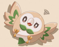 Rule 34 | animal focus, artist name, bird, black eyes, bright pupils, brown background, creatures (company), from above, full body, game freak, gen 7 pokemon, looking at viewer, lying, nintendo, no humans, on back, open mouth, pokemon, pokemon (creature), rowlet, simple background, squiggle, straight-on, tongue, twitter username, uneven eyes, watermark, white pupils, ynmr ll