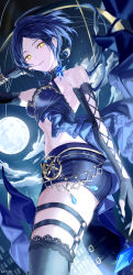 Rule 34 | 1girl, absurdres, asymmetrical pants, blue hair, breasts, crop top, cross-laced clothes, cross-laced gloves, dark blue hair, elbow gloves, gloves, haruri, hayami kanade, highres, idolmaster, idolmaster cinderella girls, looking at viewer, medium breasts, moon, night, night sky, outdoors, parted bangs, partially fingerless gloves, shirt, short hair, single thighhigh, sky, sleeveless, sleeveless shirt, smile, solo, thighhighs, yellow eyes