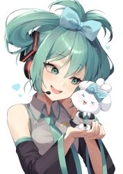 Rule 34 | 1girl, absurdres, bare shoulders, blue eyes, blue hair, bow, cinnamiku, collared shirt, ddungddang, detached sleeves, ear bow, hair between eyes, hair bow, hair ornament, hatsune miku, highres, holding, long hair, long sleeves, microphone, necktie, open mouth, sanrio, shirt, simple background, smile, solo, teeth, upper body, upper teeth only, vocaloid, white background, wide sleeves
