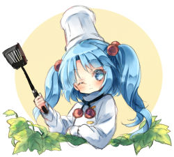 Rule 34 | 1girl, :3, ;3, alternate costume, alternate hair length, alternate hairstyle, aqua hair, arm rest, blue eyes, blue hair, chef hat, chef, forbidden scrollery, hair bobbles, hair ornament, hat, kawashiro nitori, leaf, long hair, long sleeves, matching hair/eyes, one eye closed, piyokichi, smile, solo, spatula, touhou, twintails, two side up, upper body
