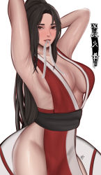Rule 34 | 1girl, armpits, arms behind head, arms up, black hair, breasts, brown eyes, cleavage, edmun6969, fatal fury, female focus, highres, japanese text, long hair, looking at viewer, medium breasts, mouth hold, ninja, pelvic curtain, ponytail, presenting armpit, shiranui mai, signature, simple background, snk, solo, thighs, very long hair, white background
