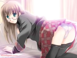 Rule 34 | 00s, 1girl, 2006, ahoge, all fours, artist name, ass, black pantyhose, blazer, blue panties, blush, breasts, brown hair, clothes pull, couch, galge.com, game cg, glasses, green eyes, jacket, large breasts, long hair, looking at viewer, looking back, miniskirt, open clothes, open mouth, open shirt, panties, pantyhose, pantyhose pull, plaid, plaid skirt, pleated skirt, pussy, pussy juice, red-framed eyewear, school uniform, see-through, shirt, sideboob, skirt, solo, striped clothes, striped panties, trefoil, uncensored, underwear, watermark, wet, wet clothes, wet panties, yukirin