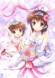 Rule 34 | 00s, 2girls, :d, age difference, antenna hair, between legs, blush, bobby socks, bouquet, breasts, bridal veil, brown eyes, brown hair, child, clannad, cleavage, crown, dress, earrings, elbow gloves, flower, furukawa nagisa, gloves, hand between legs, highres, incest, jewelry, light smile, looking at viewer, mary janes, mauve, mother and daughter, multiple girls, necklace, okazaki ushio, onee-loli, open mouth, pearl necklace, petals, puffy short sleeves, puffy sleeves, shoes, short sleeves, smile, socks, tareme, veil, wedding dress, wife and wife, yuri