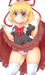 Rule 34 | 1girl, blue eyes, blush, cameltoe, clothes lift, colored eyelashes, contrapposto, daichi (tokoya), dress, dress lift, from below, frown, hair ribbon, highres, hip focus, lipstick, looking at viewer, makeup, medicine melancholy, panties, ribbon, short hair, skindentation, solo, standing, striped clothes, striped panties, thighhighs, thighs, tokoya, touhou, underwear, white thighhighs, wide hips
