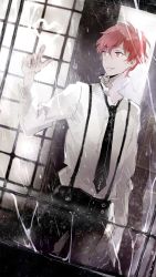 Rule 34 | 1boy, akatin(singer), black necktie, black pants, cowboy shot, dutch angle, heart, highres, kyer, long sleeves, male focus, matching hair/eyes, necktie, open mouth, pants, rain, red eyes, red hair, shirt, smile, solo, standing, suspenders, window