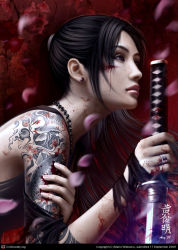 Rule 34 | 1girl, bad cgsociety id, bad id, bare shoulders, black hair, blood, jewelry, katana, long hair, mario wibisono, necklace, original, ponytail, realistic, solo, sword, tattoo, torn clothes, weapon
