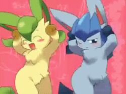 Rule 34 | animated, bad id, bad pixiv id, blue eyes, blue hair, blush, caramelldansen, closed eyes, creatures (company), dancing, game freak, gen 4 pokemon, glaceon, green eyes, leafeon, lowres, nintendo, open mouth, pink background, pokemon, sidelocks, smile, standing