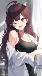Rule 34 | 1girl, ahoge, banned artist, black shirt, blue eyes, blurry, blurry background, breasts, brown hair, cellphone, cleavage, collarbone, commentary request, cup, earrings, highres, holding, holding cup, ichinose shiki, idolmaster, idolmaster cinderella girls, indoors, jewelry, long hair, looking to the side, medium breasts, off-shoulder shirt, off shoulder, one eye closed, open clothes, open shirt, phone, sake dong, shirt, smile, solo, twitter username, white shirt