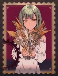 Rule 34 | 1girl, bang dream!, bang dream! it&#039;s mygo!!!!!, black border, border, bouquet, bullfalk, closed mouth, clothing cutout, commentary request, double-parted bangs, expressionless, flower, gears, gold border, green hair, highres, holding, holding bouquet, inset border, long hair, long sleeves, looking at viewer, ornate border, outside border, postage stamp, red background, shirt, shoulder cutout, sidelocks, solo, straight hair, upper body, wakaba mutsumi, white shirt, yellow eyes