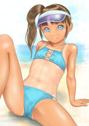Rule 34 | 1girl, arm support, beach, bikini, blue bikini, blue eyes, brown hair, commentary request, flat chest, highres, long hair, looking at viewer, navel, one-piece tan, original, parted lips, side ponytail, sitting, solo, swimsuit, tan, tanline, uzuki mei, visor cap