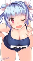 Rule 34 | 10s, 1girl, 2015, ;d, bent over, blush, breasts, cleavage, dated, fang, female focus, hair ribbon, hand on own hip, highres, i-19 (kancolle), index finger raised, kantai collection, kuro chairo no neko, large breasts, light purple hair, long hair, looking at viewer, name tag, old school swimsuit, one-piece swimsuit, one eye closed, open mouth, paw print, pink eyes, pink ribbon, ribbon, school swimsuit, simple background, skindentation, smile, solo, star (symbol), swimsuit, tri tails, twitter username, white background