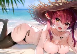 Rule 34 | 1girl, absurdres, ayamy, bare shoulders, beach, bikini, black thighhighs, blue sky, blush, breasts, collarbone, day, hat, heterochromia, highres, hololive, houshou marine, huge filesize, large breasts, looking at viewer, lying, navel, ocean, open mouth, outdoors, red eyes, red hair, scan, side-tie bikini bottom, simple background, sky, smile, solo, stomach, straw hat, swimsuit, tattoo, thighhighs, thighs, topless, virtual youtuber, water, water drop, wet, yellow eyes