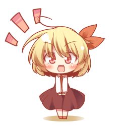 Rule 34 | &gt;:d, 1girl, :d, black dress, blonde hair, blush, chibi, dress, female focus, hair ribbon, kousa (black tea), long sleeves, looking at viewer, open mouth, pink eyes, ribbon, rumia, shirt, short hair, simple background, smile, solo, touhou, v-shaped eyebrows, v arms, white background