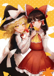 Rule 34 | 2girls, apron, artist name, ascot, bare shoulders, black headwear, black skirt, black vest, blonde hair, blush, bow, braid, brown hair, closed mouth, detached sleeves, frilled apron, frills, ginkgo leaf, hair bow, hair tubes, hakurei reimu, hat, hat bow, highres, hikage (0hi kageo), holding, holding leaf, japanese clothes, kirisame marisa, leaf, long hair, long sleeves, looking at viewer, maple leaf, multiple girls, nontraditional miko, open mouth, polka dot, polka dot background, red bow, red eyes, ribbon-trimmed sleeves, ribbon trim, sidelocks, signature, single braid, skirt, smile, touhou, vest, waist apron, white apron, white bow, white sleeves, wide sleeves, witch hat, yellow ascot, yellow eyes