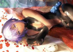 Rule 34 | 1girl, bare shoulders, black gloves, black thighhighs, breasts, cleavage, closed mouth, dark-skinned female, dark skin, fate/grand order, fate/prototype, fate/prototype: fragments of blue and silver, fate (series), fingerless gloves, gloves, hairband, hassan of serenity (fate), looking at viewer, lying, mask, unworn mask, on bed, on side, petals, purple eyes, purple hair, revealing clothes, short hair, small breasts, smile, solo, sunlight, thighhighs, three k (spiritus no honoo)