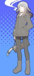 Rule 34 | 1girl, blue background, boots, cigarette, dots, elizabeth f. beurling, grey eyes, grey hair, hand in pocket, highres, jacket, knife, kukri, leather, leather boots, leather jacket, long hair, no pants, panties, panties under pantyhose, pantyhose, patterned, patterned background, scabbard, scarf, sheath, smoke, smoking, solo, strike witches, tabigarasu, traditional clothes, underwear, weapon, world witches series