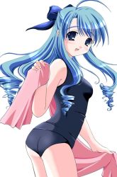 Rule 34 | 1girl, ahoge, ass, blue eyes, blue hair, blush, bow, drill hair, duplicate, hair bow, half updo, long hair, looking back, matching hair/eyes, one-piece swimsuit, pure cruel, school swimsuit, smile, solo, swimsuit, towel