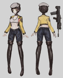 Rule 34 | ass, assault rifle, beret, black footwear, boots, brown hair, bullpup, character sheet, denim, from behind, green eyes, grey headwear, gun, hat, highres, jacket, jeans, looking at viewer, mahou arms, midriff, multicolored hair, navel, official art, open hands, orange hair, pants, rifle, short hair, softmode, sports bra, streaked hair, susan (mahou arms), thigh boots, thighhighs, v-shaped eyebrows, weapon, white sports bra, yellow jacket