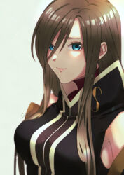 Rule 34 | 1girl, black dress, blue eyes, brown hair, closed mouth, detached sleeves, dress, eyelashes, high collar, highres, long hair, looking at viewer, mifuta, signature, smile, solo, tales of (series), tales of the abyss, tear grants, upper body, white background