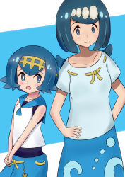 Rule 34 | 2girls, absurdres, blue eyes, blue hair, blue sailor collar, blue shirt, blush, bright pupils, creatures (company), freckles, game freak, hairband, highres, hiougi, lana&#039;s mother (pokemon), lana (pokemon), looking at viewer, mature female, mother and daughter, multiple girls, nintendo, one-piece swimsuit, pokemon, pokemon (anime), pokemon sm (anime), sailor collar, shirt, short hair, short sleeves, sleeveless, swimsuit, swimsuit under clothes, trial captain, white hairband