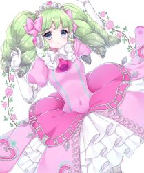 Rule 34 | 1girl, absurdres, aki (akinyaaaaa), arm up, bow, breasts, colored eyelashes, covered navel, dress, elbow gloves, falulu, flower, from above, gloves, green hair, grey eyes, hair bow, headphones, highres, idol clothes, long hair, looking at viewer, lying, medium breasts, on back, pink bow, pink dress, pink flower, pink rose, power symbol, pretty series, pripara, rose, sidelocks, solo, tiara, twintails, white background, white gloves