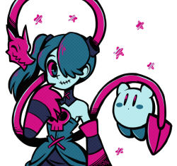 Rule 34 | 1girl, crossover, detached collar, detached sleeves, hair over one eye, kirby, kirby (series), leviathan (skullgirls), nintendo, side ponytail, skull, skullgirls, squigly (skullgirls), stitched mouth, stitches, striped, striped sleeves, zombie