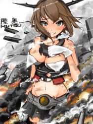 Rule 34 | 10s, 1girl, bare shoulders, blush, breasts, brown hair, burnt clothes, character name, gloves, green eyes, grin, headgear, kantai collection, large breasts, looking at viewer, midriff, mistrail, mutsu (kancolle), navel, personification, short hair, skirt, smile, smoke, solo, thighhighs, white gloves