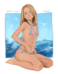Rule 34 | 1girl, artist request, barefoot, bikini, blonde hair, blush, child, female focus, flat chest, full body, lips, looking at viewer, nose, parted lips, solo, swimsuit, tagme