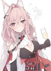 Rule 34 | 1girl, alcohol, animal ear fluff, animal ears, arknights, bare shoulders, bikini, bikini top only, black bikini, black gloves, blush, bracelet, braid, breasts, champagne, champagne flute, cleavage, closed mouth, cup, drinking glass, drunk, elbow gloves, flower, gloves, gun, hair intakes, high-waist skirt, highres, holding, holding gun, holding weapon, jewelry, large breasts, long hair, looking at viewer, matchadzuke, pink hair, pozyomka (arknights), red eyes, red flower, red rose, red skirt, rose, simple background, skirt, smile, solo, squeans, swimsuit, twin braids, upper body, very long hair, weapon, white background, wolf ears